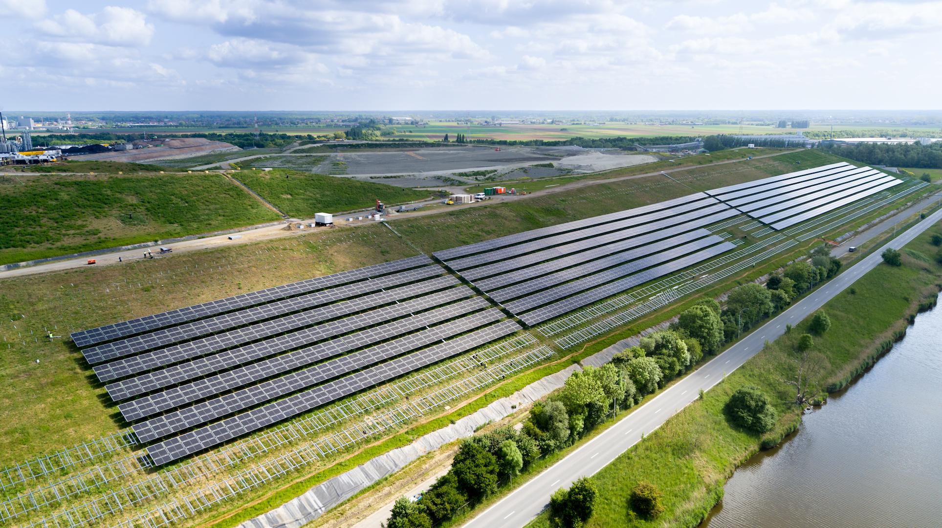 Aerial view of Indaver solar park in Belgium with extensive photovoltaic coverage