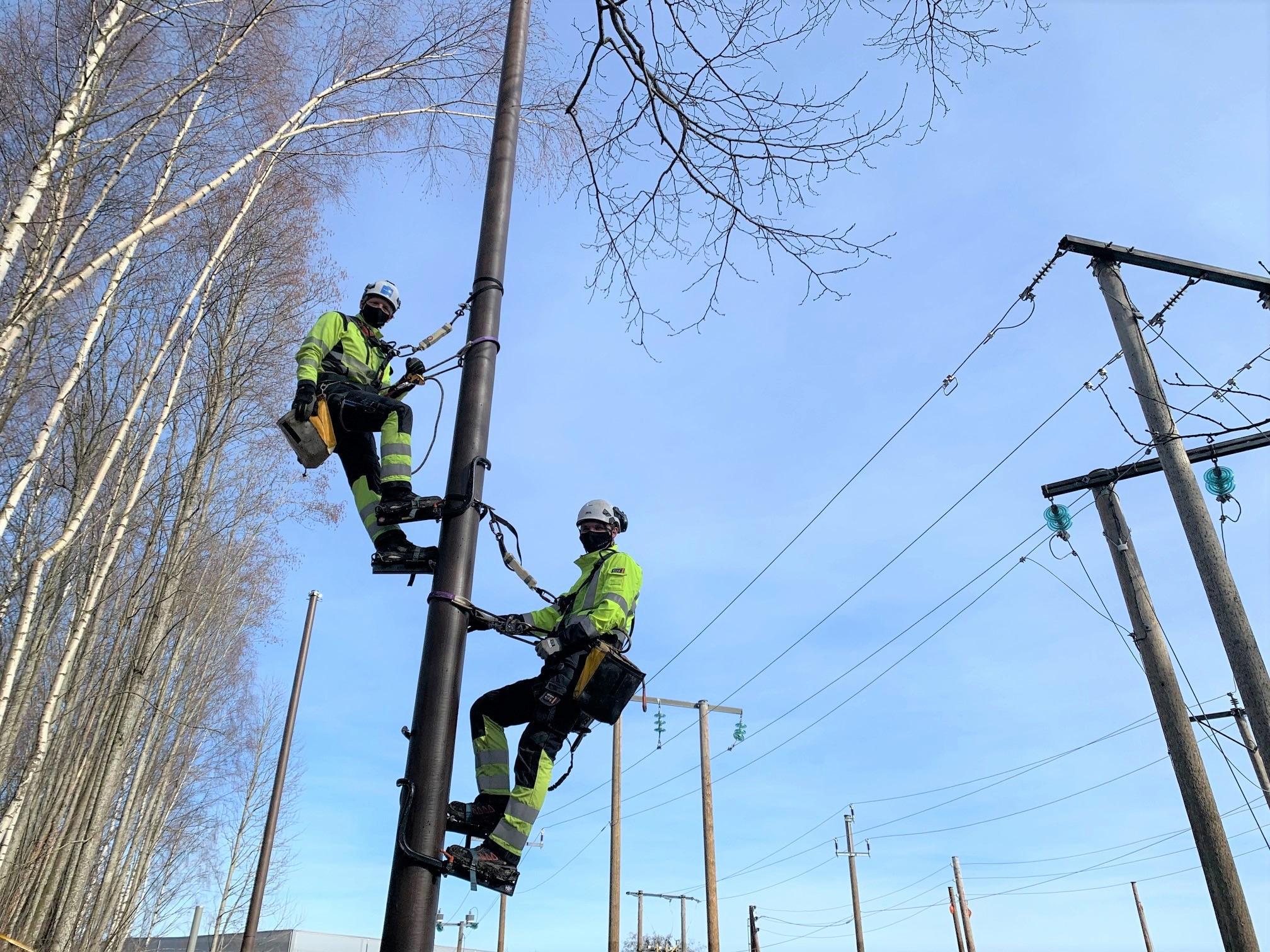 Technicians installing next-generation green power poles for sustainable electricity networks