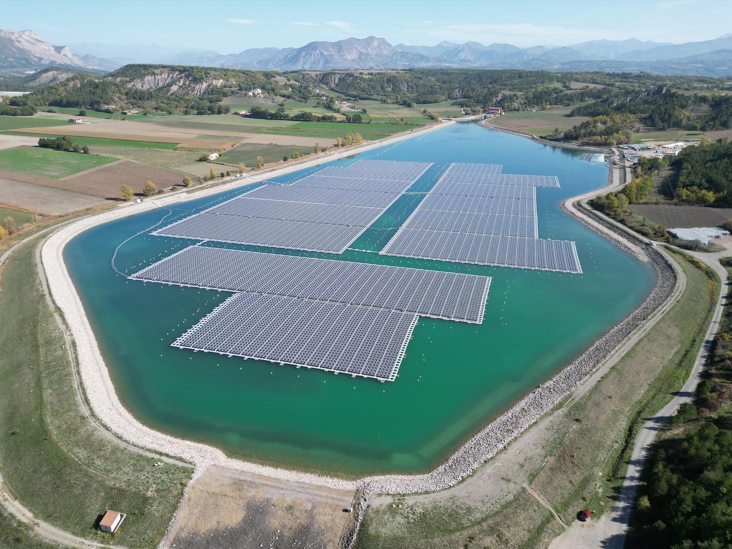 Floating solar power plant installed on a water reservoir in Lazer, France