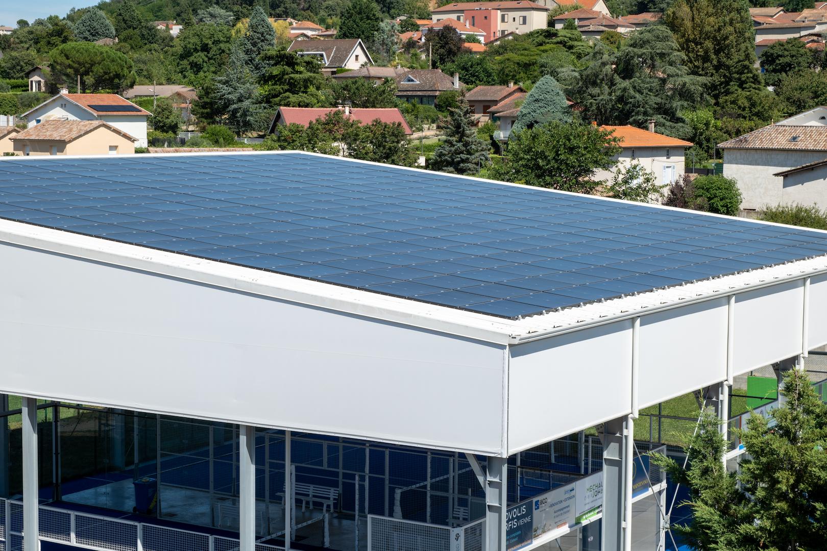 Rooftop solar panels installed on a commercial building for on-site renewable energy production
