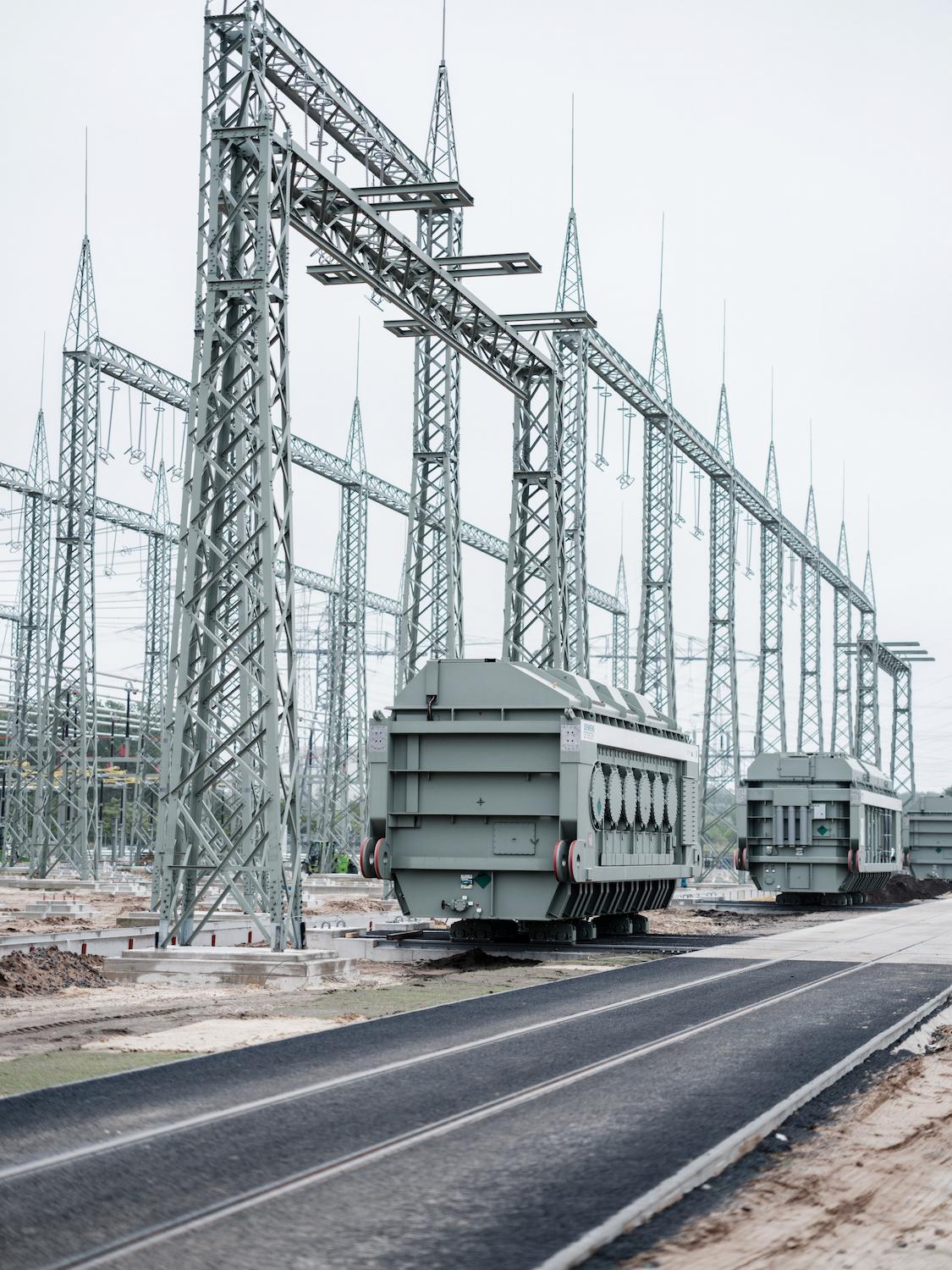 Power transformer installation inside a high-voltage electrical substation facility