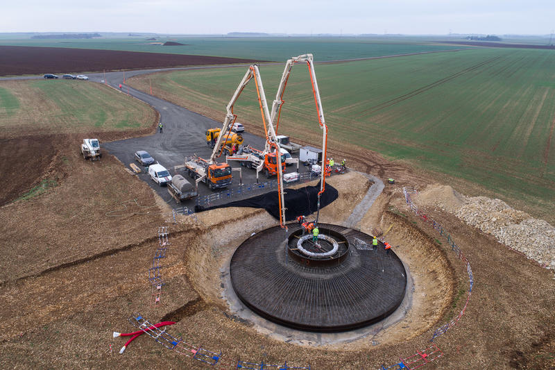 Large onshore wind farm with modern wind turbines spread across a wide grassland environment