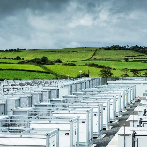 Largescale battery energy storage system installation in a rural landscape with rows of white storage units.