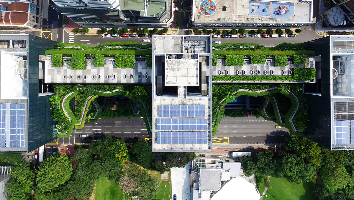Aerial view of a green rooftop complex with solar panels and landscaped terraces integrated into an urban microgrid system.
