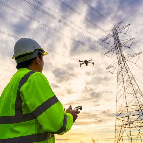 Technician operating a drone to inspect high-voltage power transmission lines and electrical grid infrastructure at sunset
