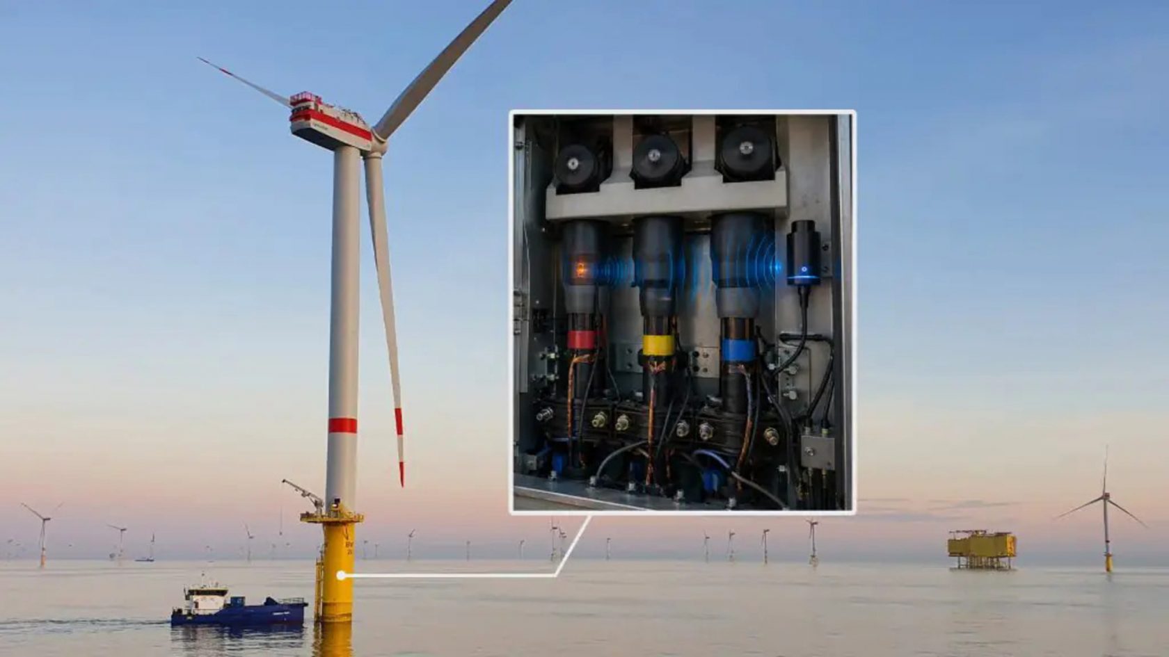 Offshore wind turbine with inset detail of AcoustiScan acoustic monitoring sensors inside an electrical cabinet.
