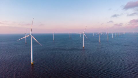 Windmill turbines in the Netherlands at sea with a blue sky