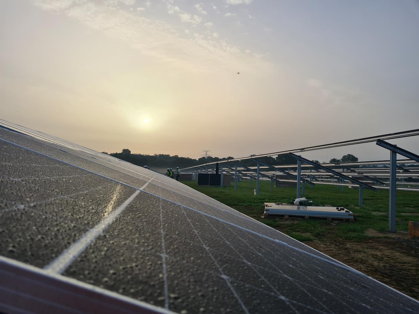 Ground-mounted photovoltaic panels aligned in rows at the Clos Genest solar farm